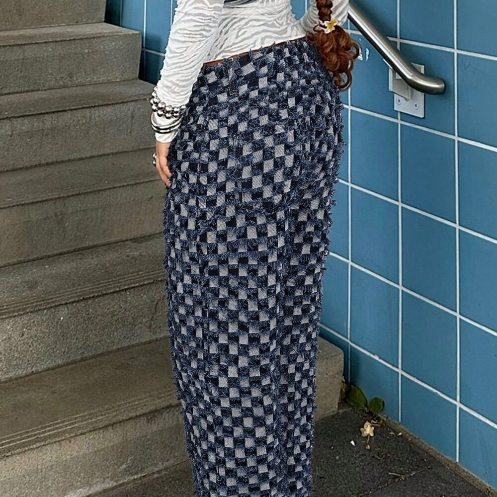 Dark Wash Casual Women's Washed Plaid Jeans - Picture 3 of 7